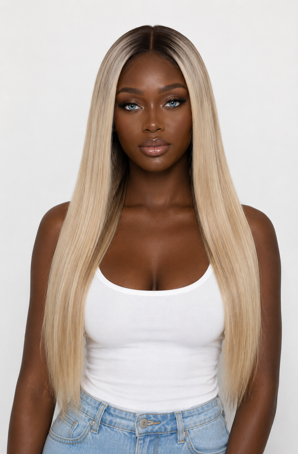 product A woman with long, straight, shoulder-length blonde hair with darker roots, wearing a white tank top and light blue jeans against a plain white background.