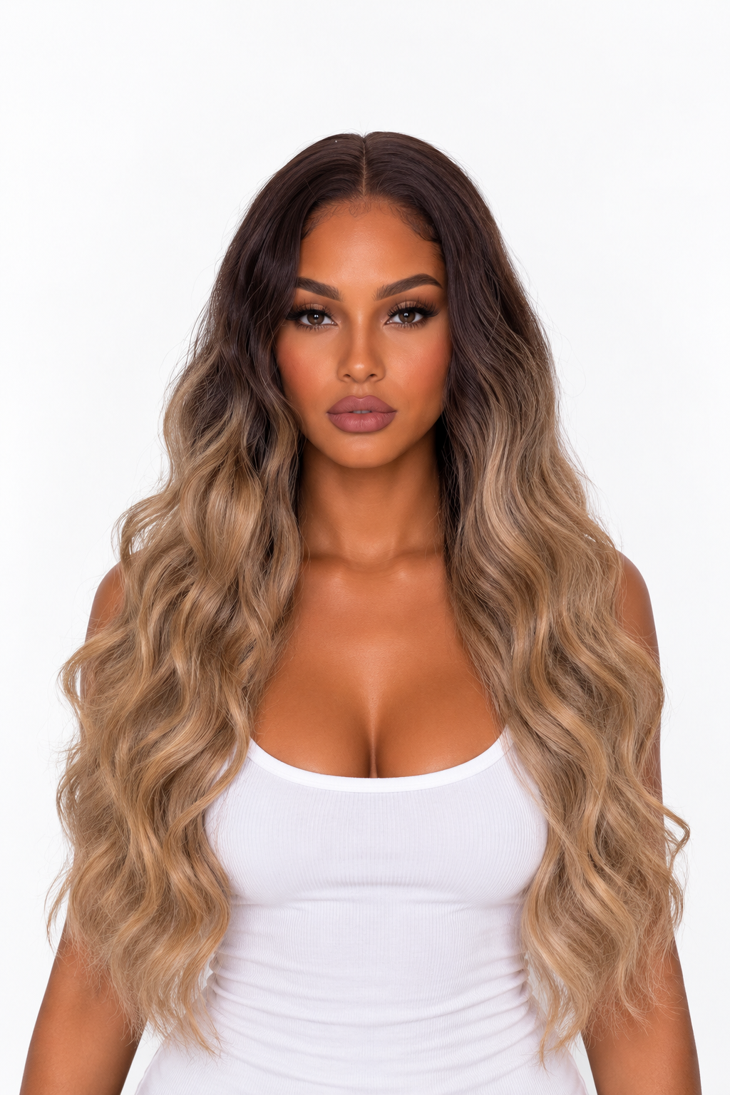 A woman product a long, wavy wig with dark brown roots and warm blonde ombré highlights, wearing a white tank top against a plain white background.