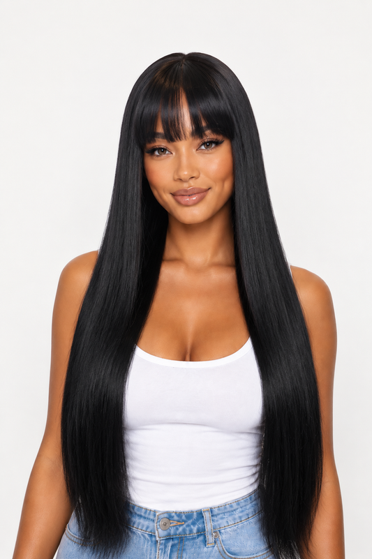 Skai 34" Black Bangs Straight Silk Synthetic Hair Wig