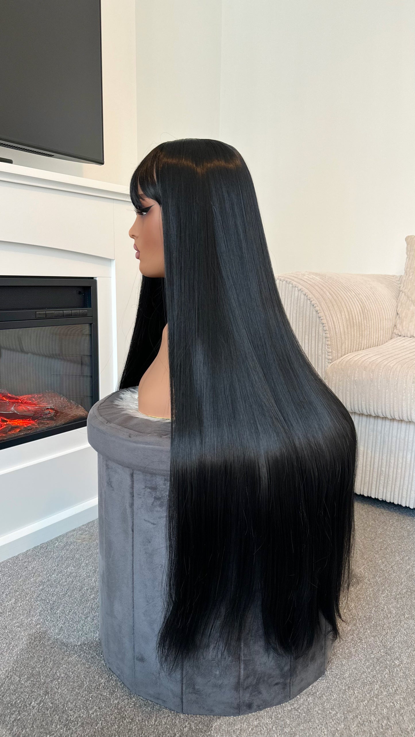 Skai 34" Black Bangs Straight Silk Synthetic Hair Wig