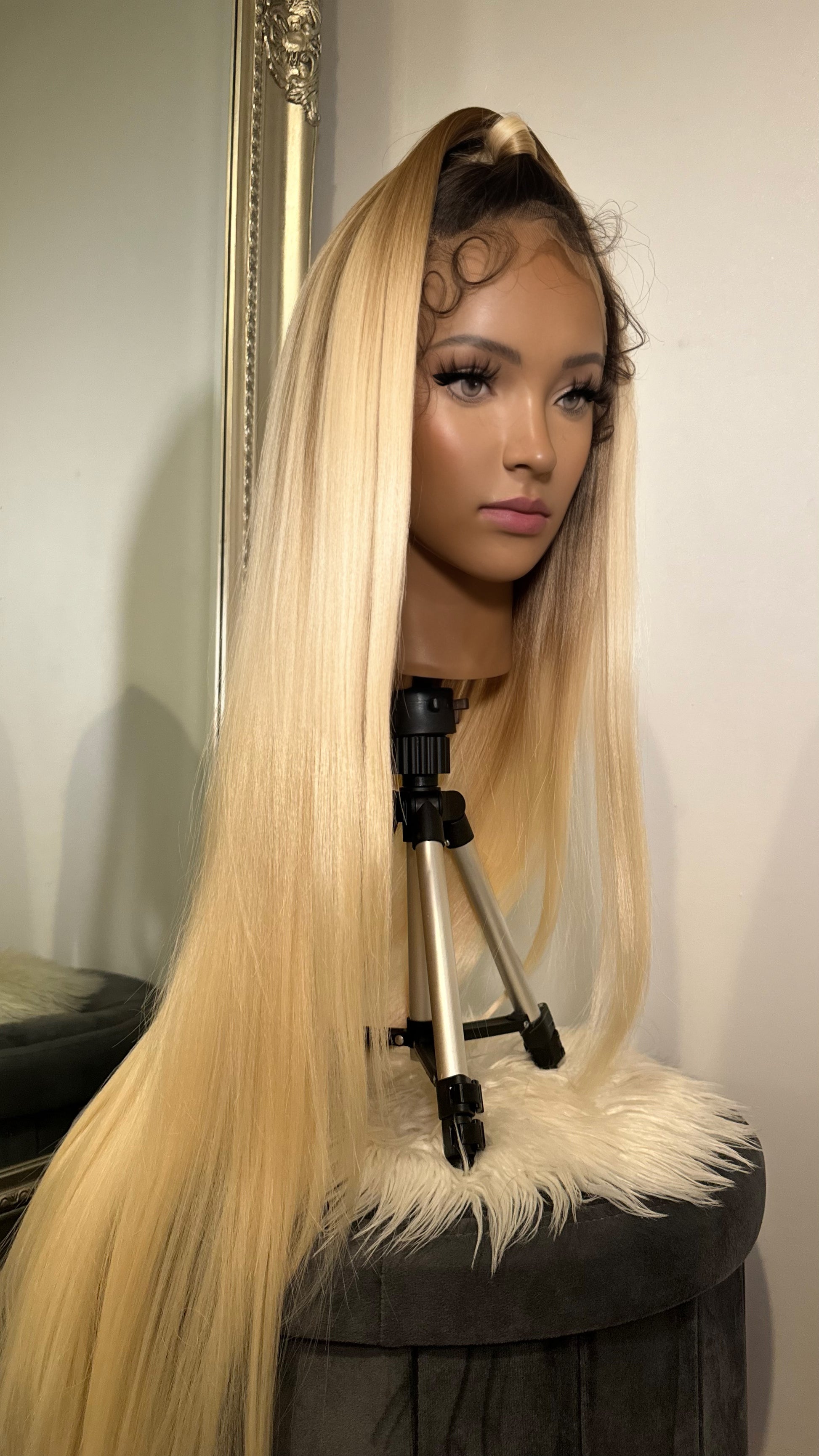 Side view of the Kennedy 36 pre-styled 360 lace wig, emphasizing the beautiful blonde ombre and versatile lace front