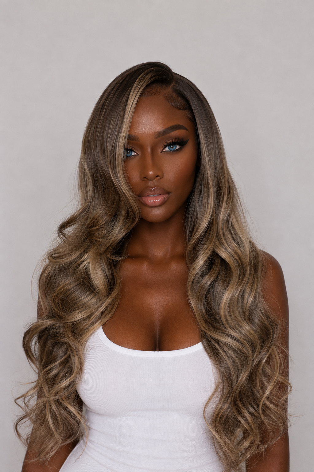 product A woman with long, wavy, highlighted hair wearing a white tank top, photographed against a plain light gray background.
