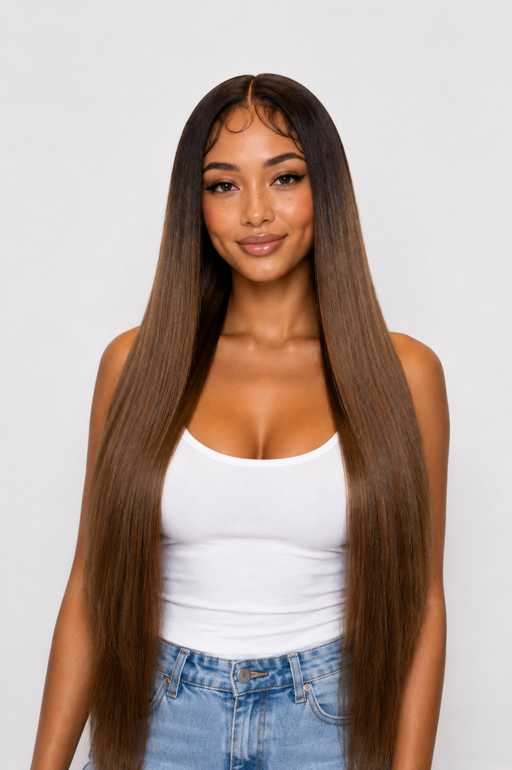 product A woman with very long, straight, dark brown hair with subtle lighter brown highlights, wearing a white tank top and blue jeans, photographed against a light gray studio background. product
