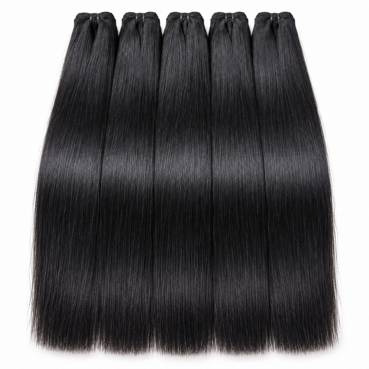 Five bundles of straight black hair extensions displayed side-by-side against a plain white background.