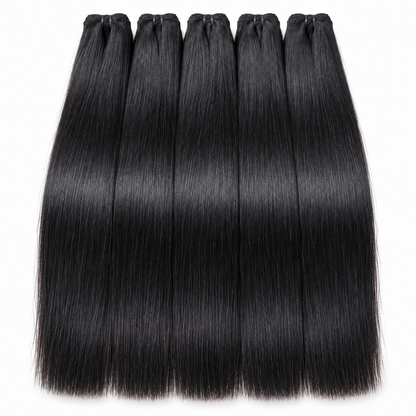 Five bundles of straight black hair extensions displayed side-by-side against a plain white background.