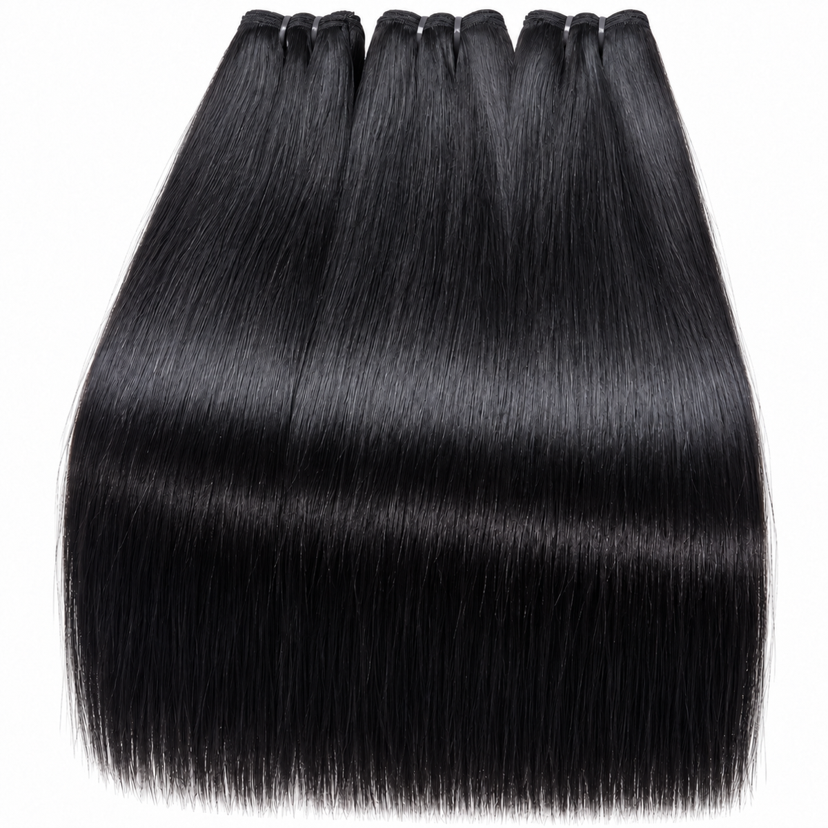 Six bundles of straight, glossy black hair extensions laid flat against a solid white background. model