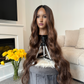 model 36-inch brown long wavy lace front wig with a natural-looking hairline and premium synthetic fibers