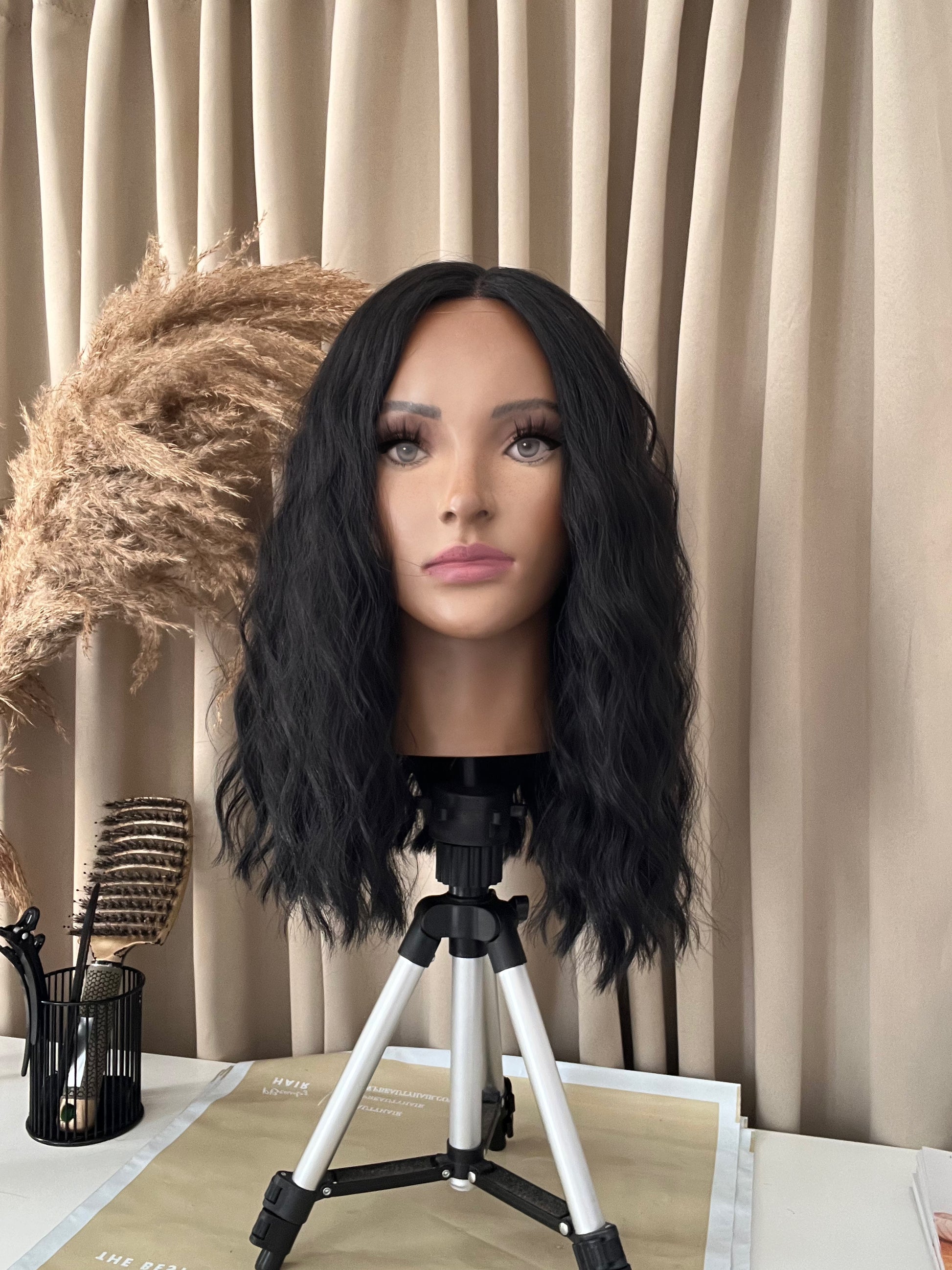 product black short wavy synthetic hair bob wig lace front hair