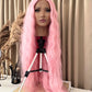 long wavy pink premium synthetic hair lace front wig from pbeautyhair on mannequin 