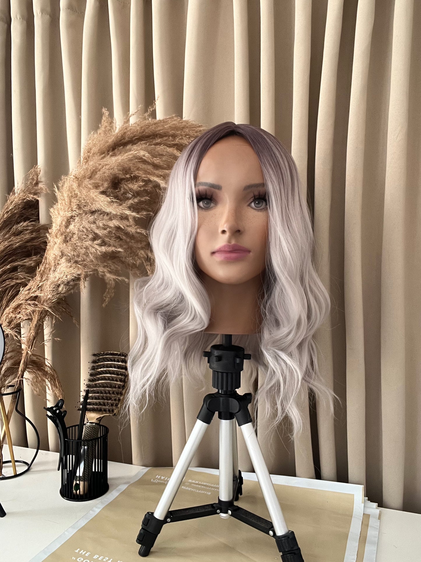 product Grey bob synthetic hair wig with a short, sleek cut and no lace design