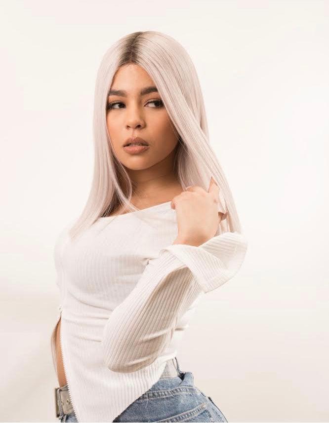 Platinum Highlight Long Bob Wig showcasing elegant lob hairstyle with subtle highlights