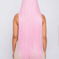 Full view of a long synthetic pink wig, emphasizing its striking color and versatile styling options