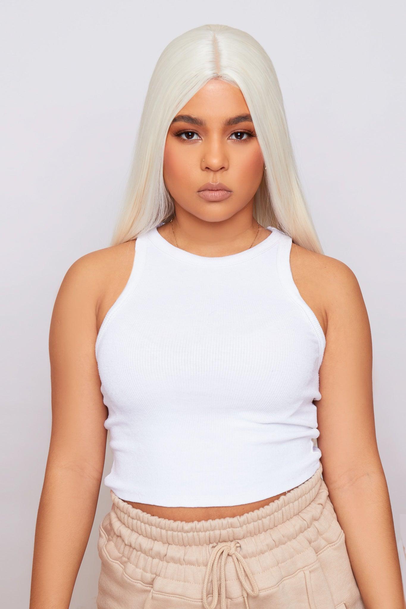 close up view of the platinum blonde lace front wig, emphasizing the chic color and natural hairline