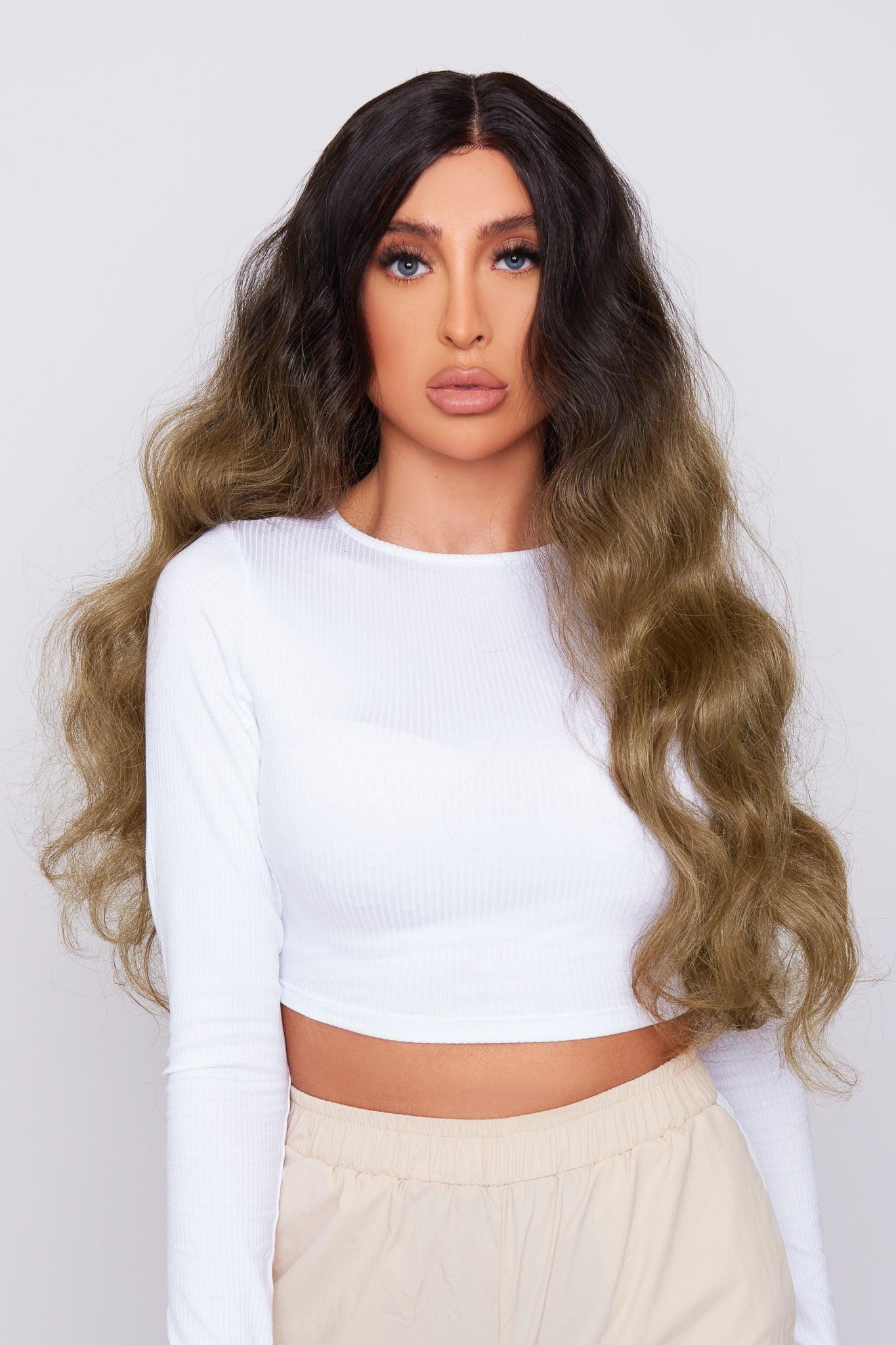 Full view of an ombre brown body wave lace front wig, highlighting its sophisticated color gradient and luxurious texture