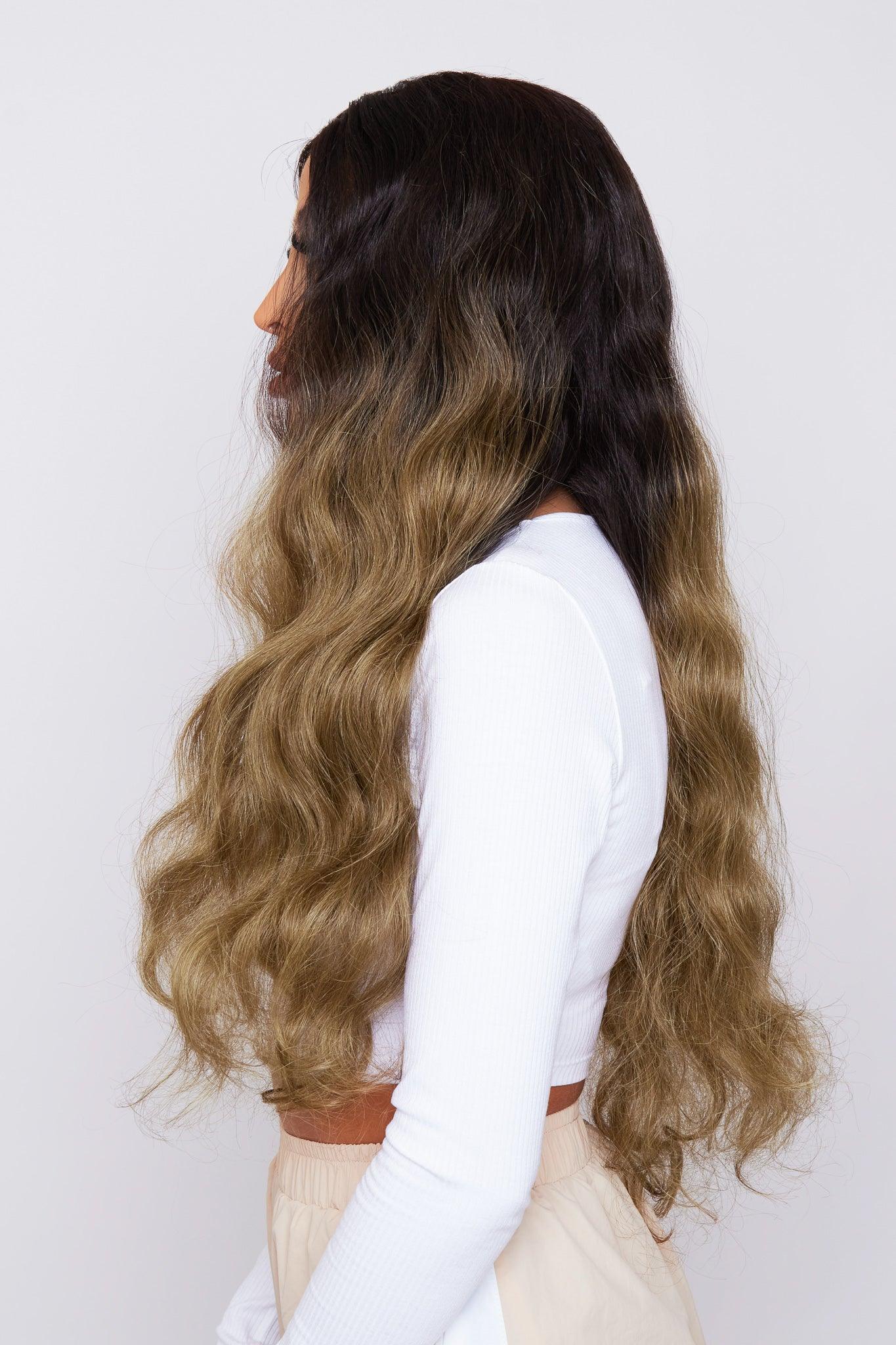 Ombre brown body wave lace front wig with a rich color transition and elegant wave texture, crafted from high-quality synthetic hair