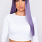 Close-up of a synthetic purple wig featuring a smooth straight texture and a natural lace front hairline