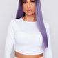 model Long straight purple lace front wig with a sleek style and vibrant color, made from premium synthetic hair