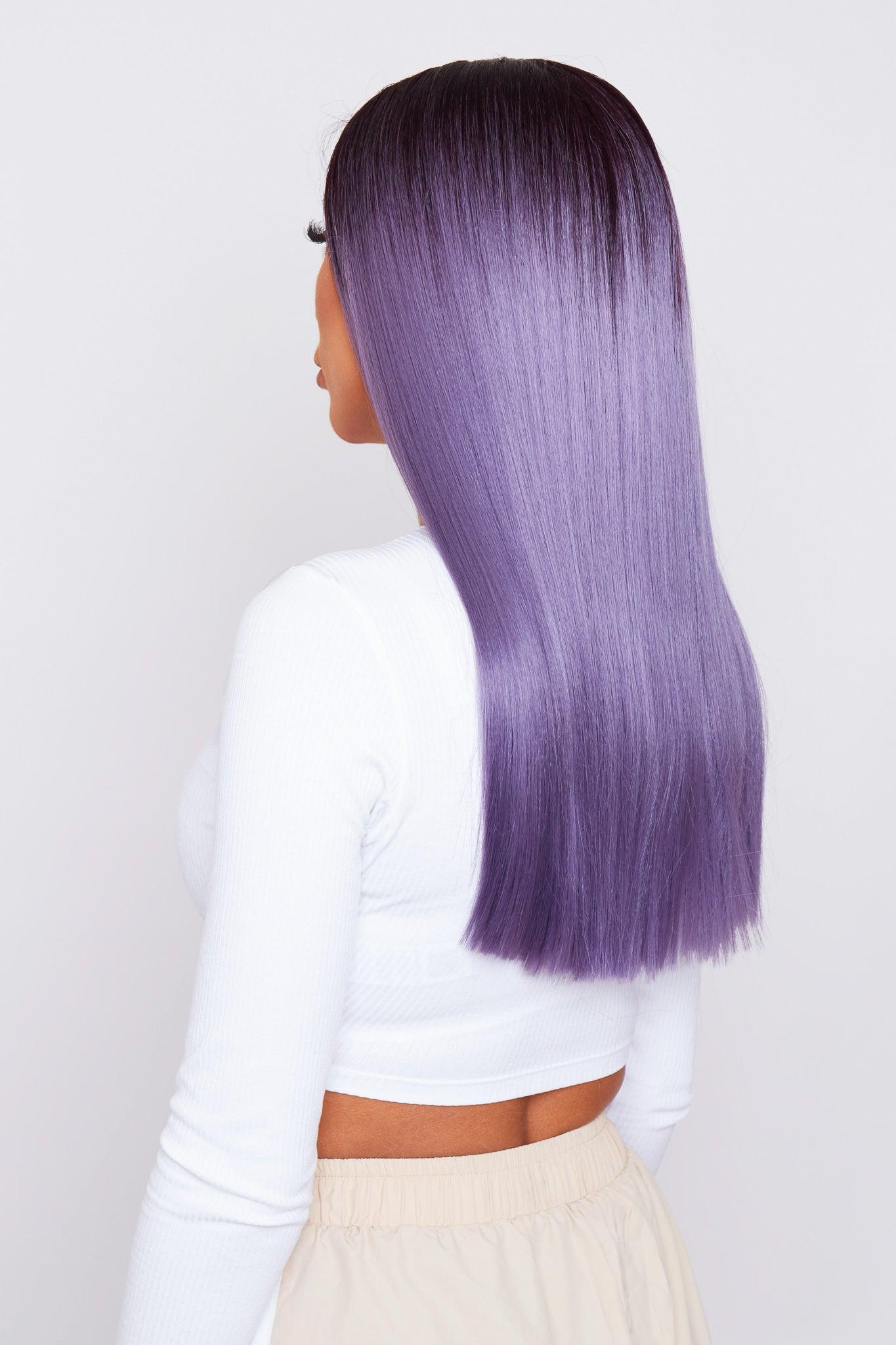 Side view of a purple lace front wig, highlighting the sleek straight hair and seamless hairline