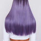 product Back view of a long straight purple wig, emphasizing the vibrant color and silky smooth finish