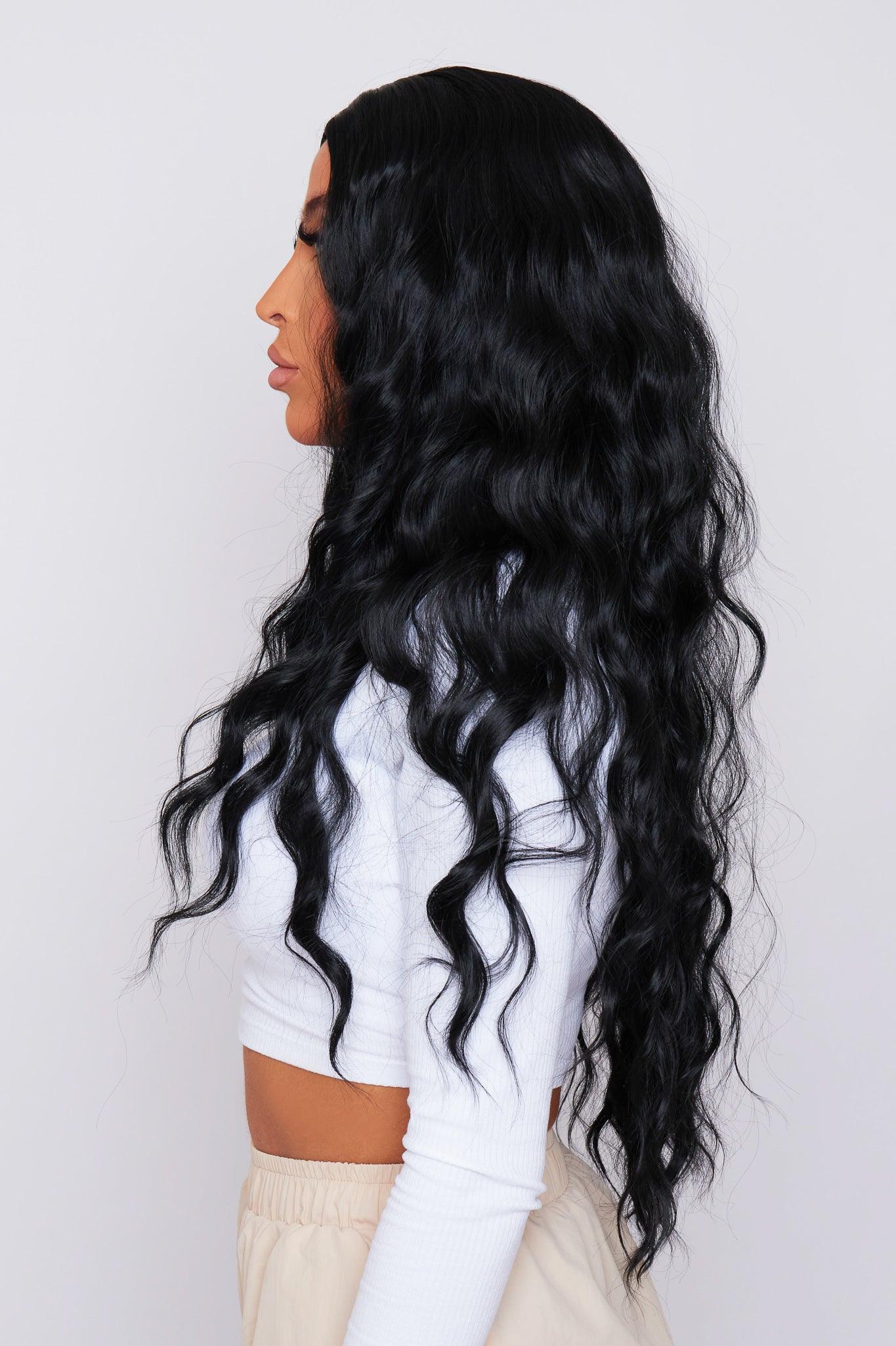 product 28-Inch wavy black synthetic hair wig with long, flowing waves