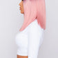 Side view of the pink long bob wig, emphasizing the modern bob cut and vivid color