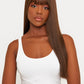model Brown bangs synthetic wig with a rich brown color and stylish bangs, crafted from high-quality synthetic fibers